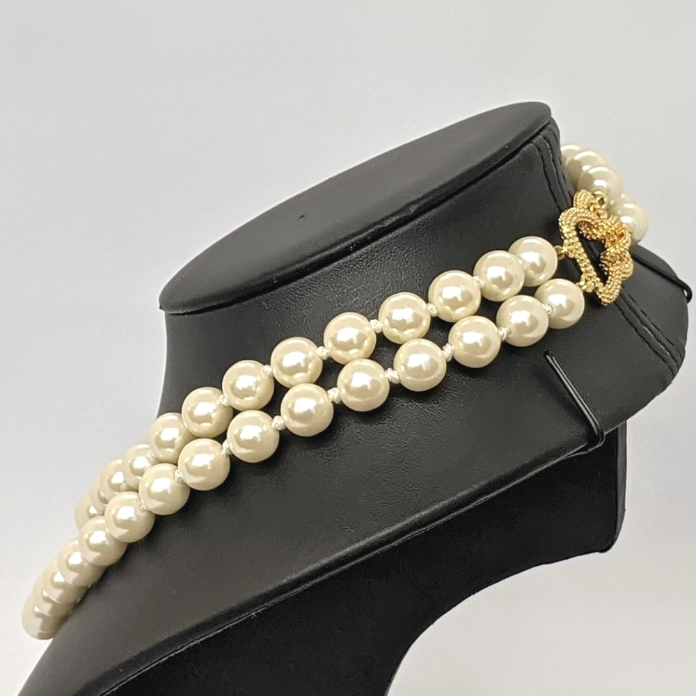 ERWIN PEARL Signed 10mm Double Strand Necklace • Gold Clasp • Jackie O Style - Picture 8 of 9